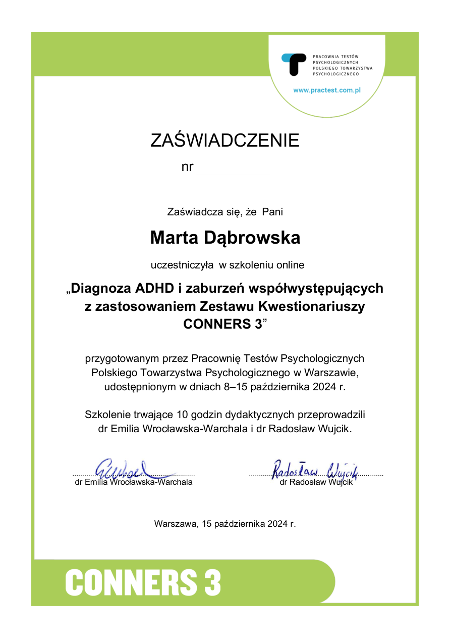 Diagnoza ADHD i zaburzeń współwystępujących — Conners 3 — podgląd dokumentu